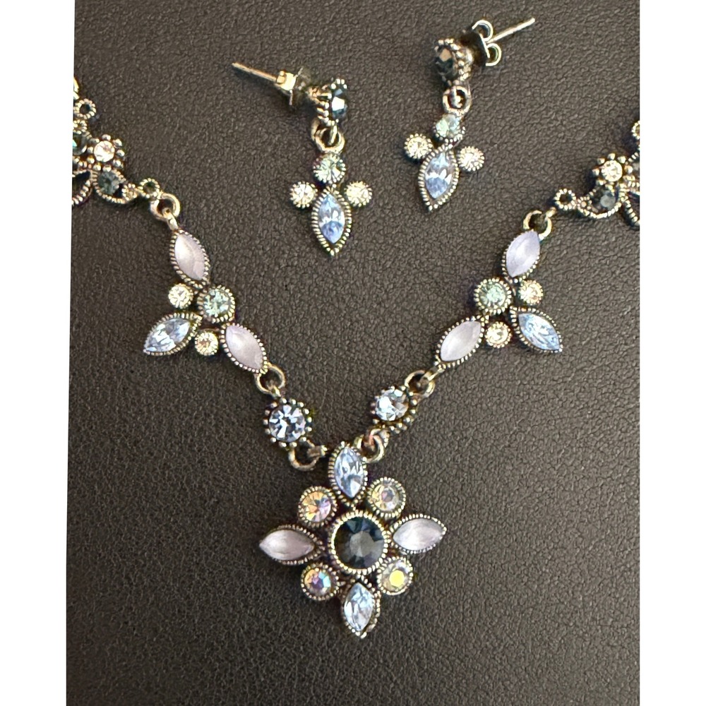 Vintage Rhinestone Necklace Earring Set Blue Silver Tone Prom